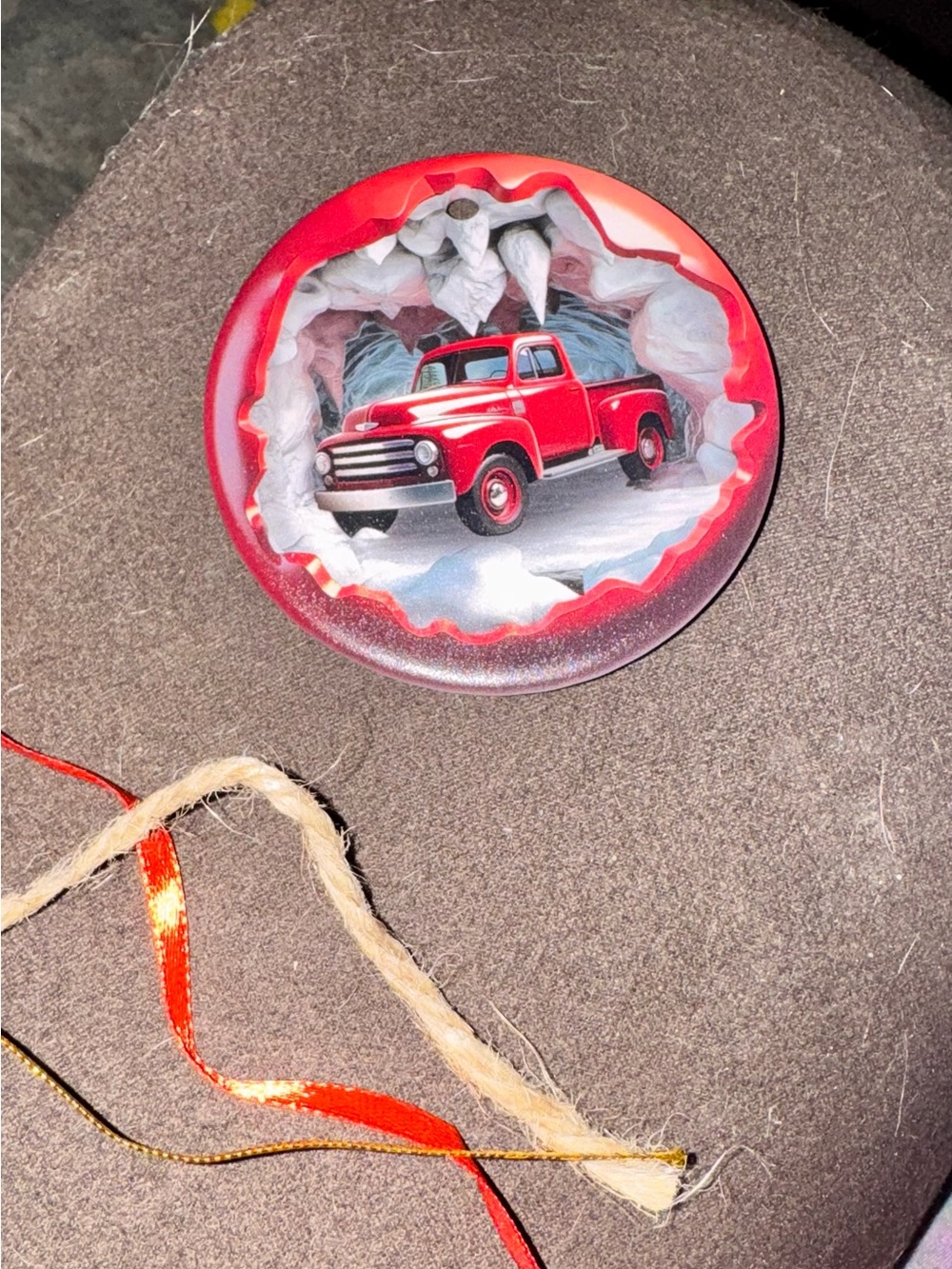 Red Vintage Truck Round Holiday Ornament - Home Holiday